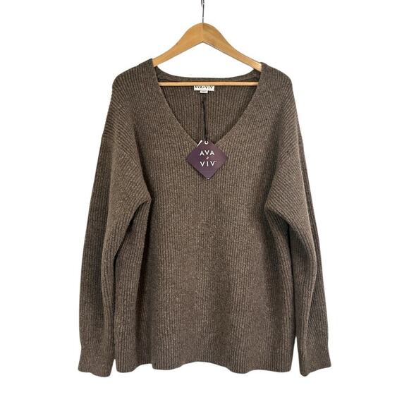 Ava & Viv Women V-Neck Soft Cozy Ribbed Knit Pullover Sweater Size 1X Brown NWT - Picture 2 of 8